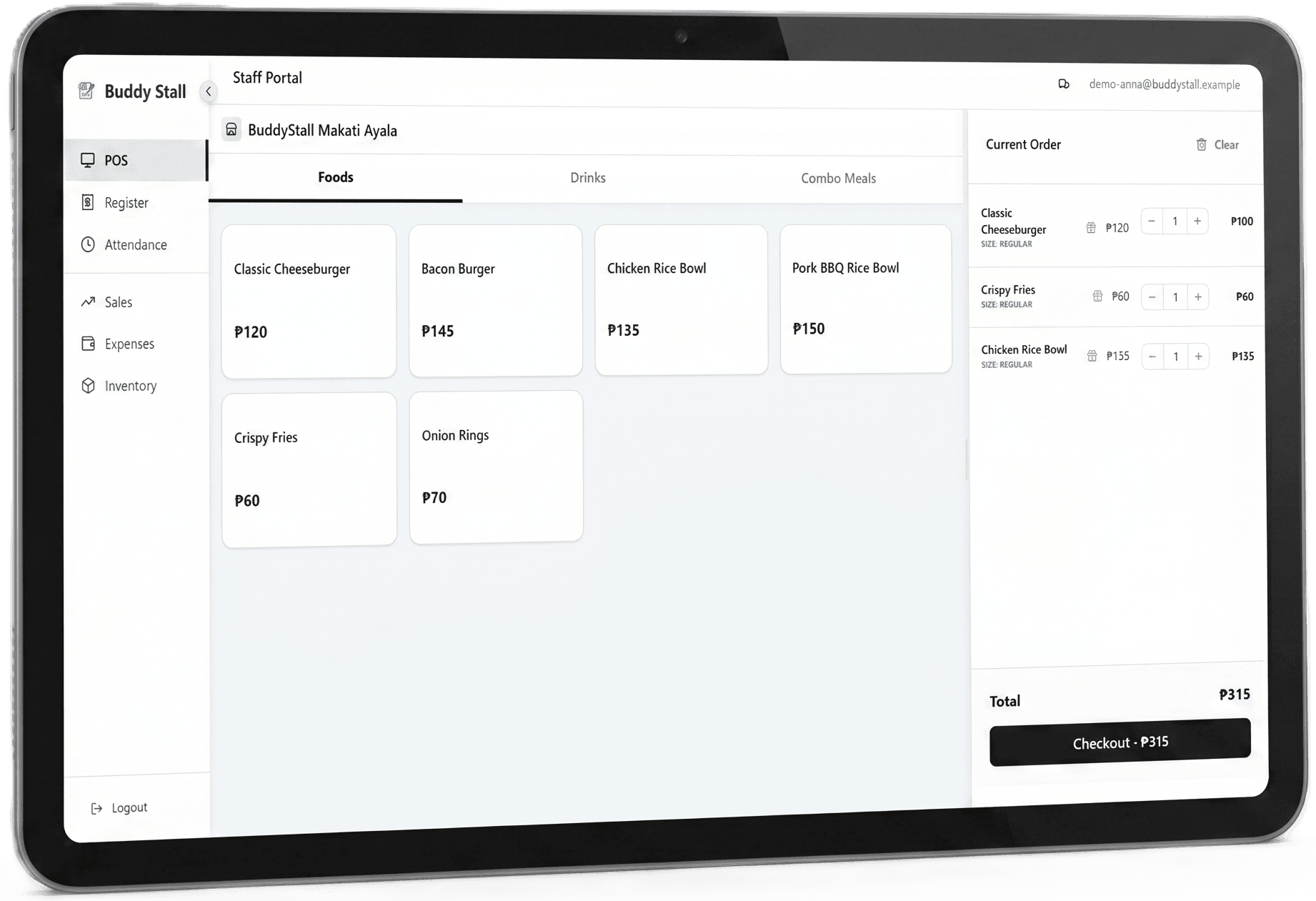 BuddyStall staff POS on a tablet