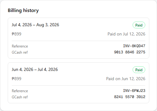 The Billing history card listing two paid invoices, each showing its billing period, amount, a green Paid badge, the date it was paid, and below a divider its Reference code and GCash ref
