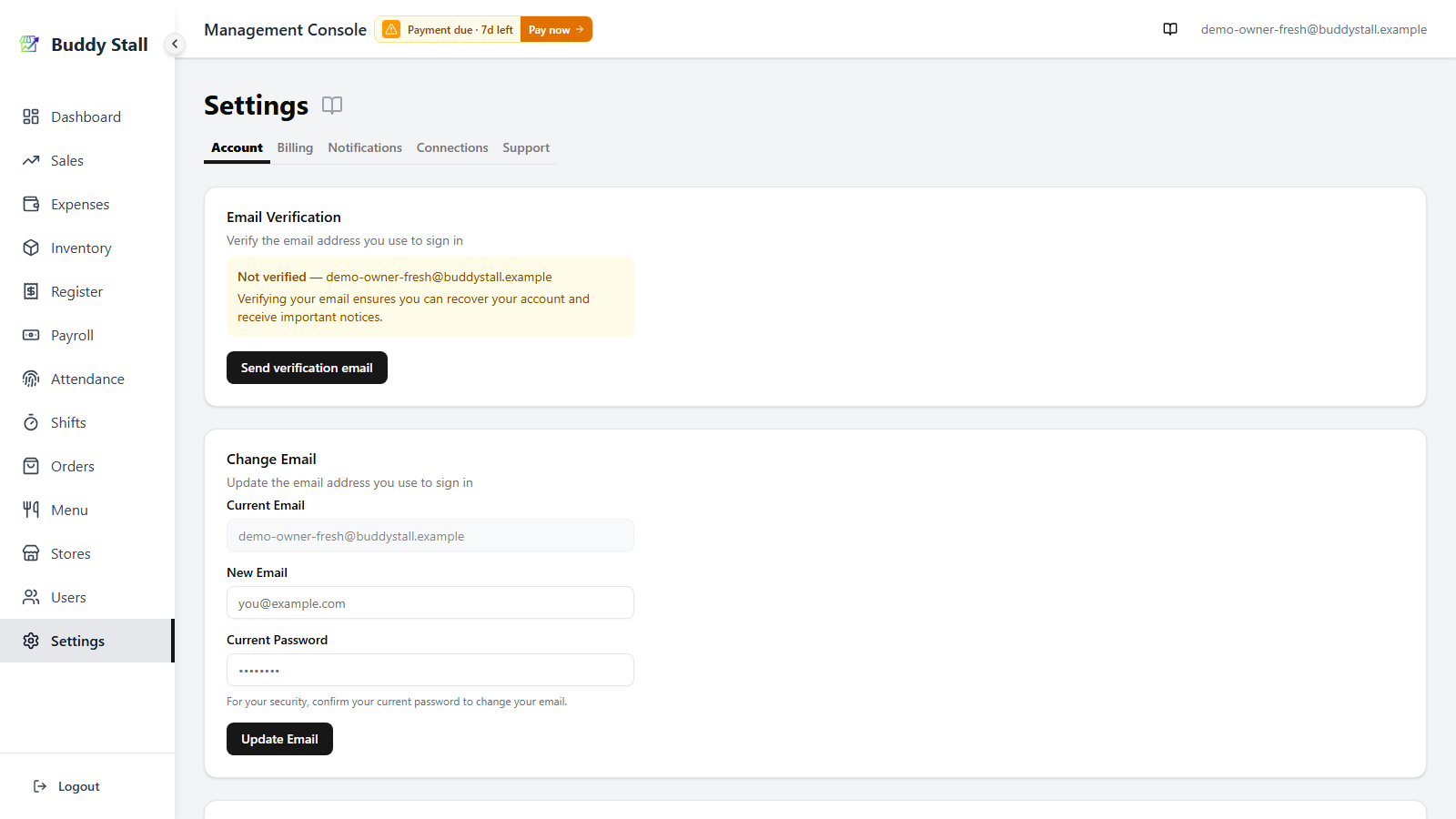 The admin screen in the Payment due state — an amber 'Payment due · 7d left' billing tag sits at the top of the screen, next to the page title, linking to the Billing tab.