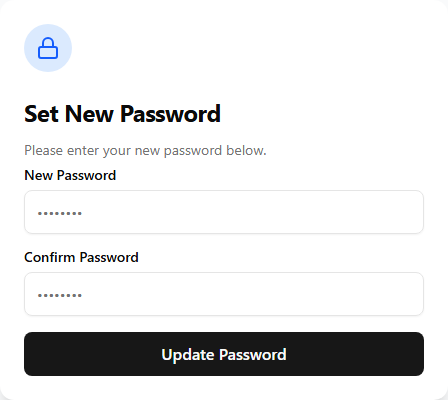 The Set New Password card with a lock icon, a New Password field, a Confirm Password field, and an Update Password button