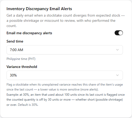 The Inventory Discrepancy Email Alerts card with an 'Email me discrepancy alerts' switch, a Send time dropdown set to 7:00 AM, and a Variance threshold dropdown set to 30% with an explanation and example beneath it