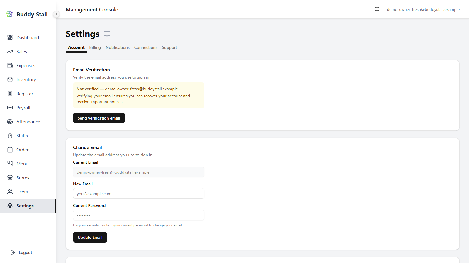 The Settings page on the admin dashboard, showing the tab bar — Account, Billing, Notifications, Connections, Support — with the Account tab active and its Email Verification card below.