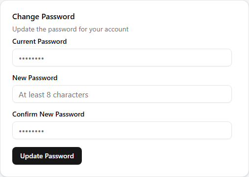 The Change Password card with three masked inputs — Current Password, New Password (placeholder 'At least 8 characters'), and Confirm New Password — above an Update Password button