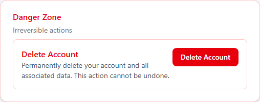 The red-bordered Danger Zone card with a single Delete Account row — a short description on the left and a red Delete Account button on the right