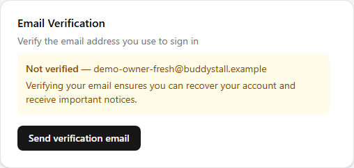 The Email Verification card with a yellow 'Not verified' notice for the account email and a Send verification email button
