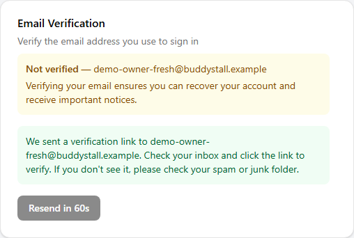 The Email Verification card showing a green confirmation that a verification link was sent, above a greyed-out Resend button counting down