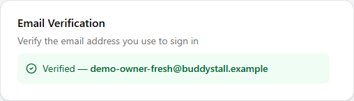 The Email Verification card showing a green Verified badge with the account email