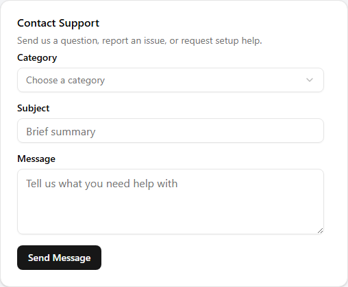 The Contact Support form with a Category dropdown, a Subject field, a Message text area, and a Send Message button