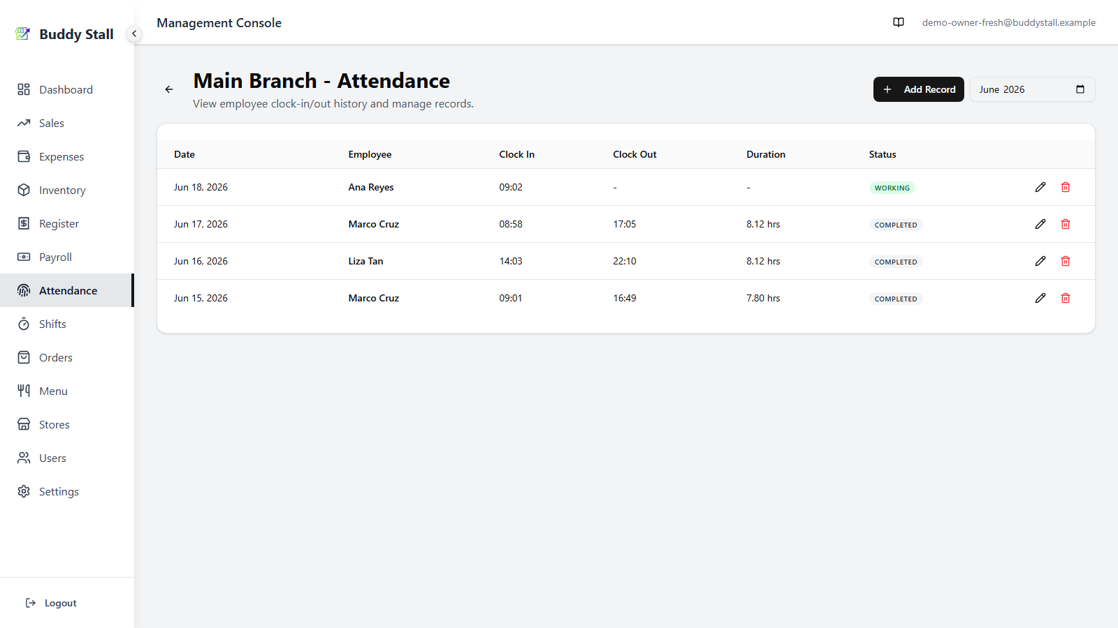 The admin Attendance list page with a month filter and an 'Add Record' button in the header, above a table of clock-in/out records