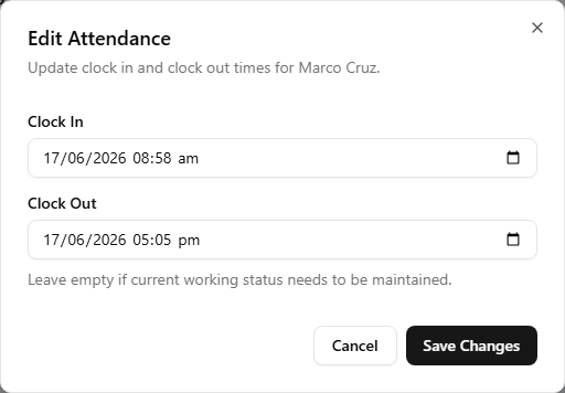 The Edit Attendance dialog showing a record's Clock In and Clock Out date-time fields with Cancel and Save Changes buttons