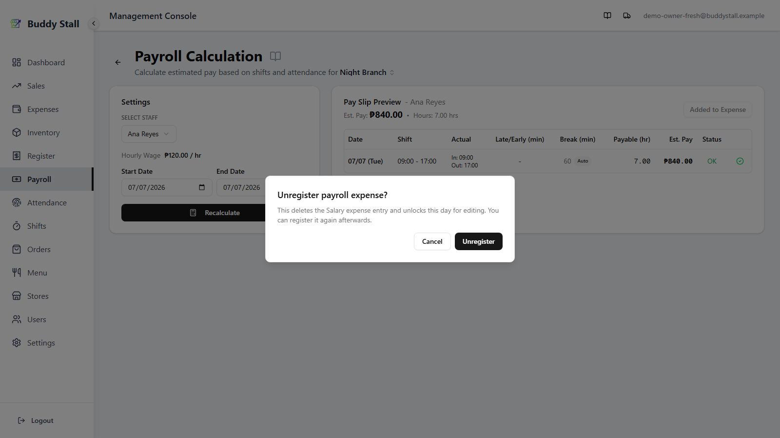 The Payroll screen with the 'Unregister payroll expense?' confirmation dialog open over the Pay Slip Preview, explaining that confirming deletes the Salary expense and unlocks the day