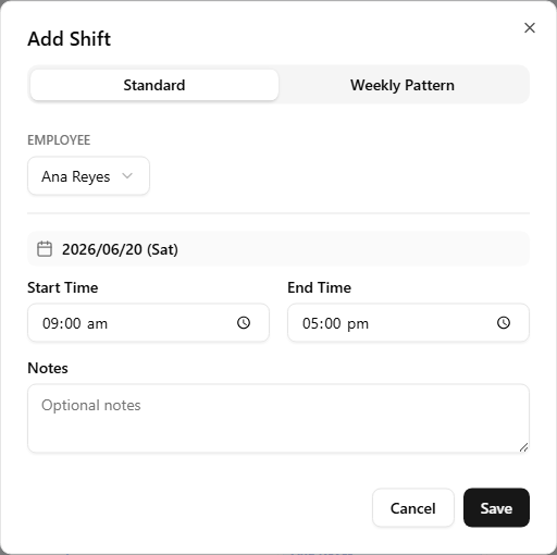 The Add Shift dialog open on the Standard tab, with Employee selected, Start and End time pickers filled, and an optional Notes field