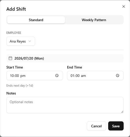 The Add Shift dialog with Start set to 22:00 and End set to 01:00, showing an 'Ends next day (+1d)' hint below the time fields to confirm the shift runs past midnight