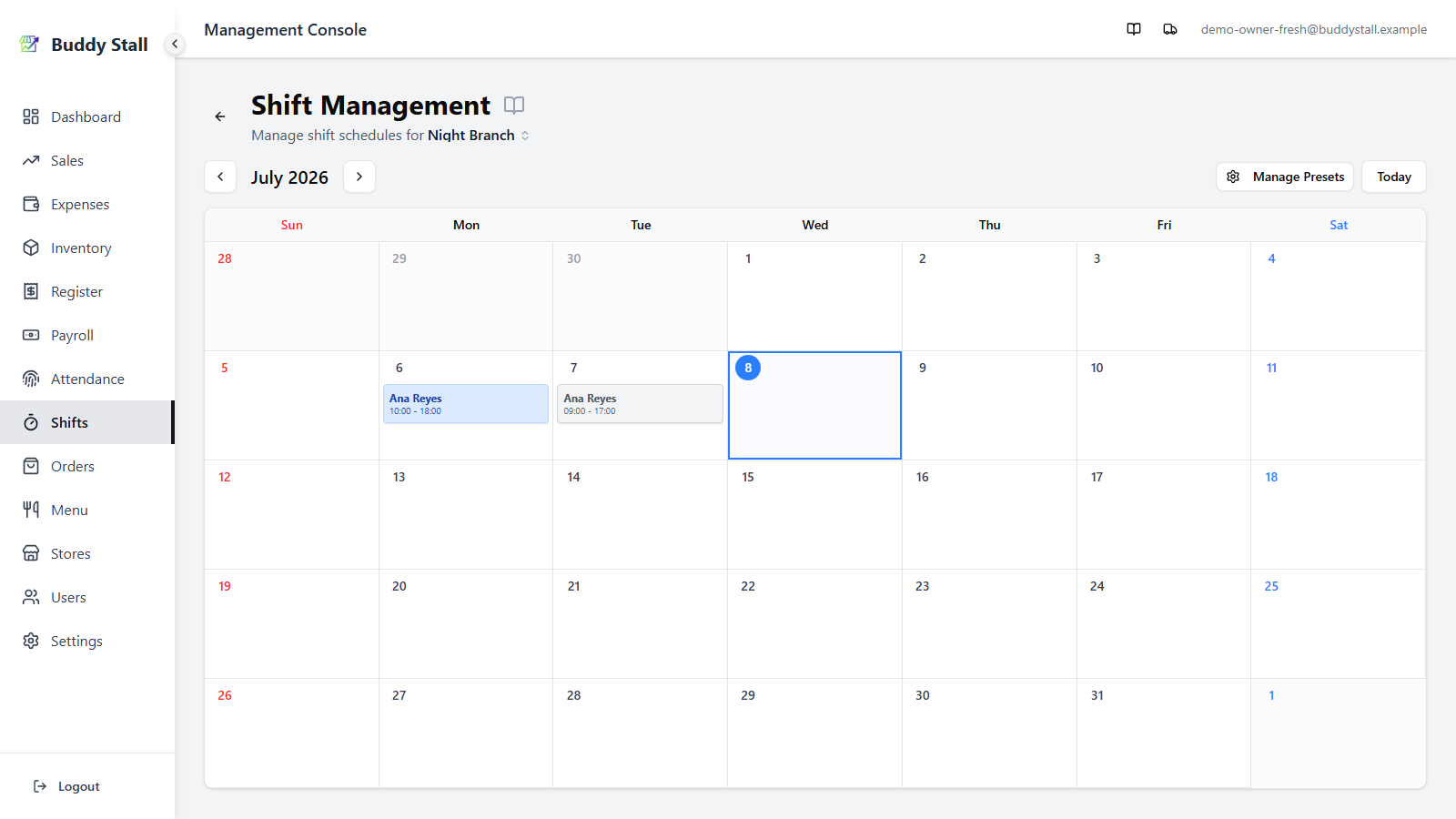 The Shift Scheduler month view showing two shift blocks for the same employee: a grey block for a shift that has been registered into payroll (locked) and a blue block for an ordinary editable shift