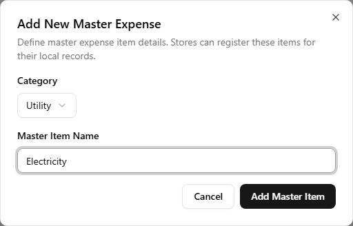 The Add New Master Expense dialog — a Category dropdown set to Utility, a Master Item Name field reading 'Electricity', and Cancel / Add Master Item buttons