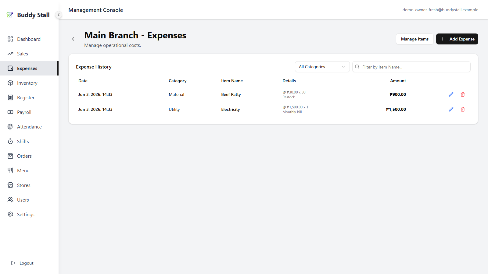 The store Expenses page with the 'Manage Items' button highlighted in the top-right