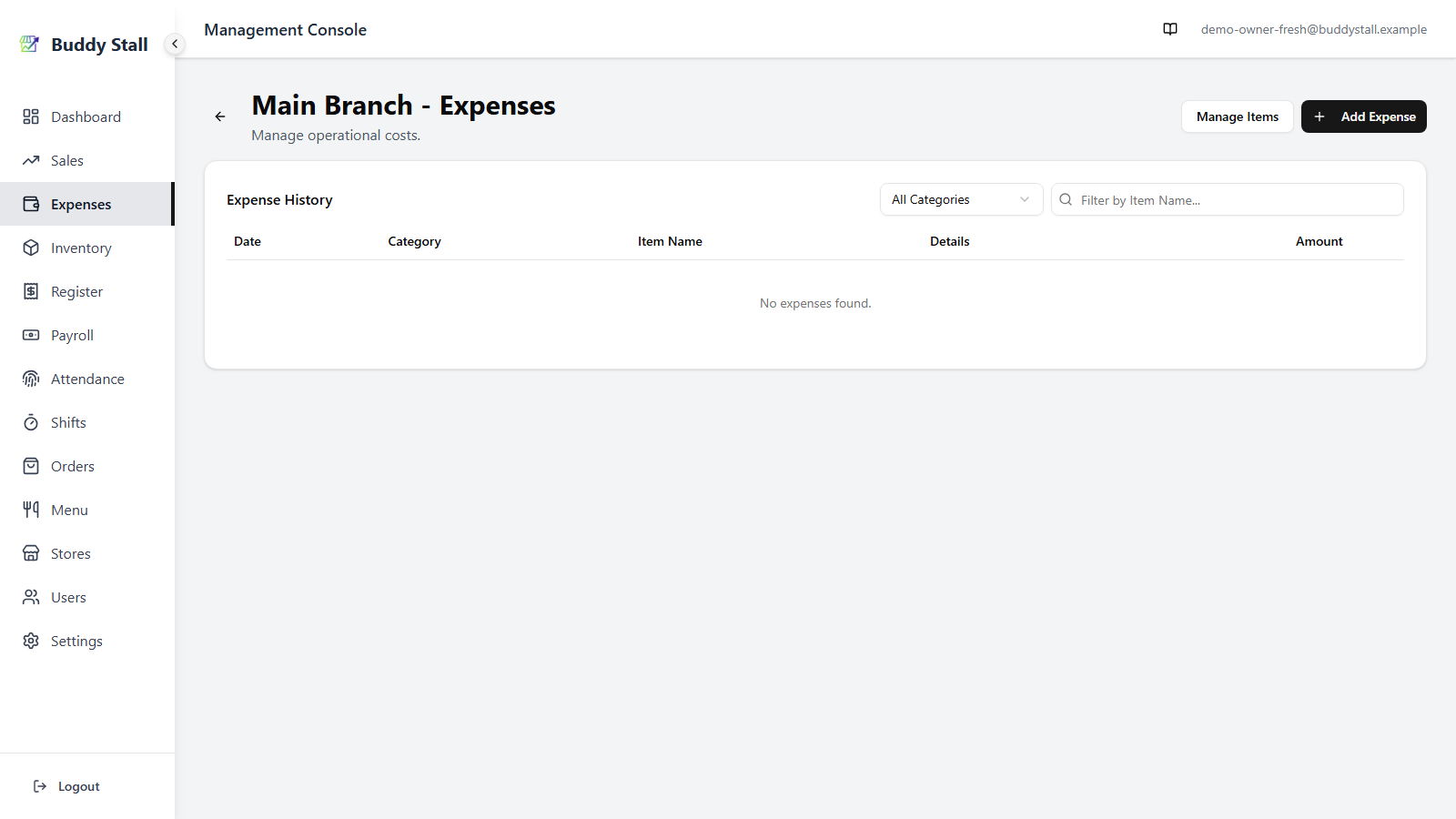 The store Expenses page with an empty Expense History ('No expenses found.') and the 'Add Expense' button highlighted in the top-right