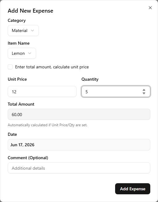 The staff portal Add New Expense dialog, with Category set to Material, Item set to Lemon, Quantity 5, and the date shown as a read-only field