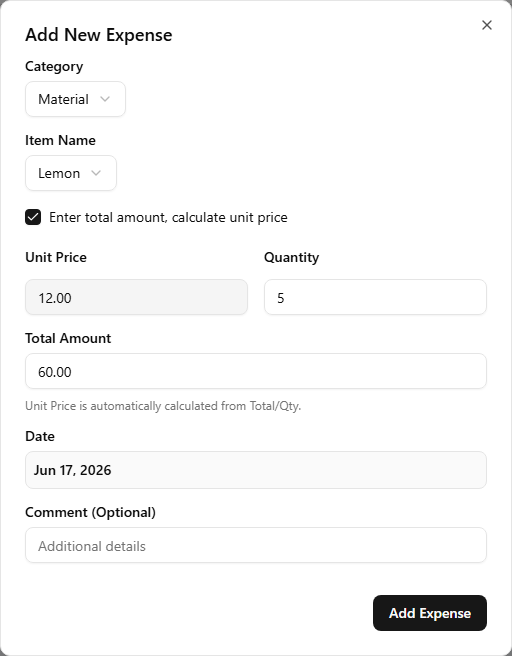 The staff Add New Expense dialog for Lemon with the 'Enter total amount, calculate unit price' checkbox ticked, so Total Amount is editable and Unit Price is the calculated read-only field
