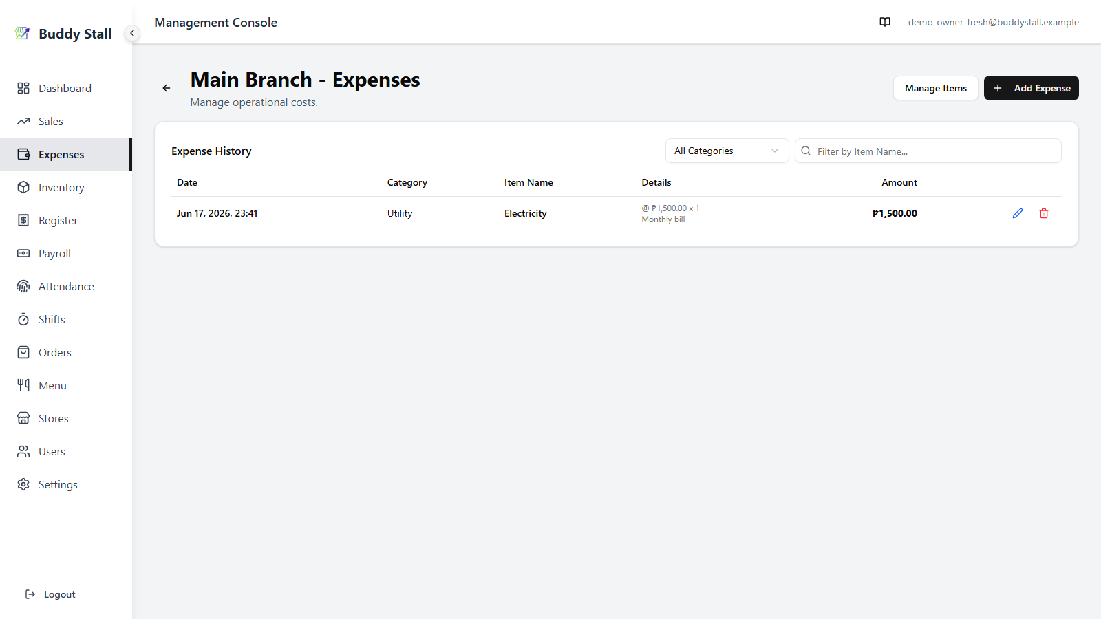 The store Expenses page with a newly recorded Electricity entry at the top of the Expense History table