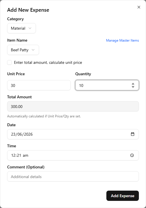 The Add New Expense dialog with Category set to Material, Item set to Beef Patty, Unit Price 30, Quantity 10, and Total Amount auto-calculated to 300