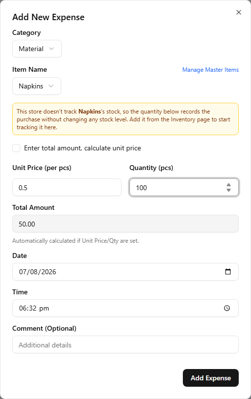 The Add New Expense dialog with Category Material and Item Name Napkins — an amber notice above the price row reads 'This store doesn't track Napkins's stock, so the quantity below records the purchase without changing any stock level. Add it from the Inventory page to start tracking it here.', with Unit Price 0.5, Quantity 100, and Total Amount 50.00 beneath it