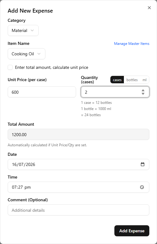 The Add New Expense dialog for Cooking Oil with the quantity unit toggle set to cases: the label reads Unit Price (per case) with 600 entered, Quantity (cases) is 2, the notes below read '1 case = 12 bottles', '1 bottle = 1000 ml' and '= 24 bottles', and Total Amount is 1200.00