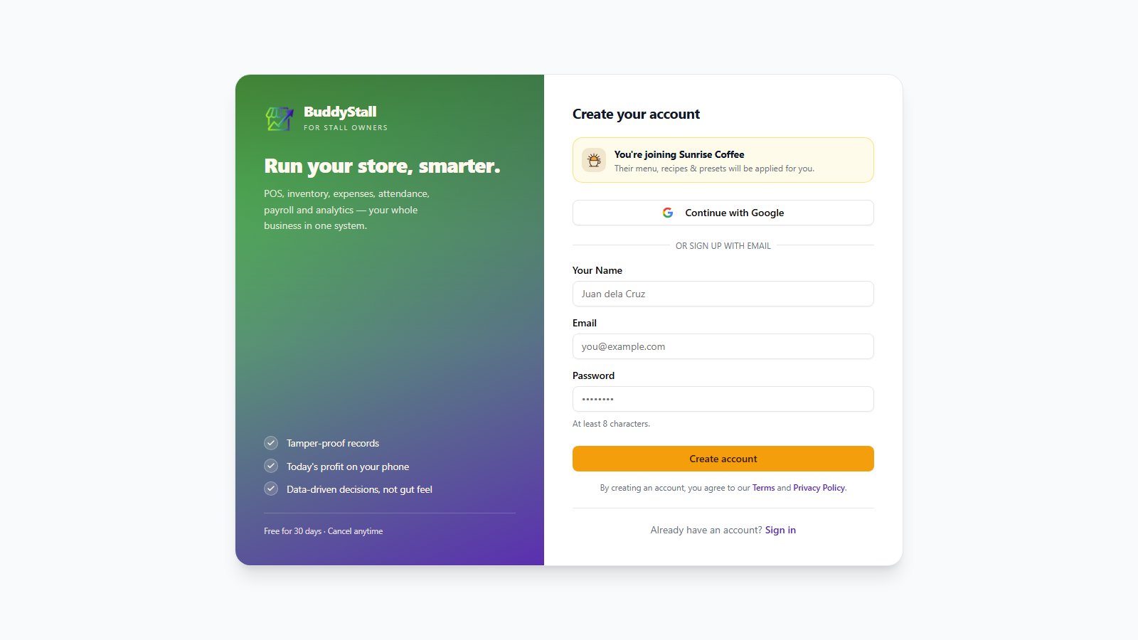 The sign-up screen opened from a franchisor's signup link — a 'You're joining Sunrise Coffee' banner with the brand logo sits above the Create your account form