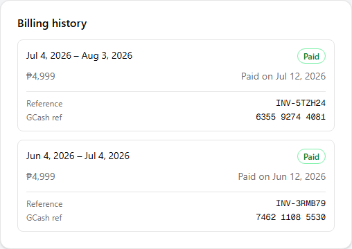 The Billing history card listing two past invoices, each showing its billing period, amount, a green Paid badge, the date it was paid, and below a divider its Reference code and GCash ref.