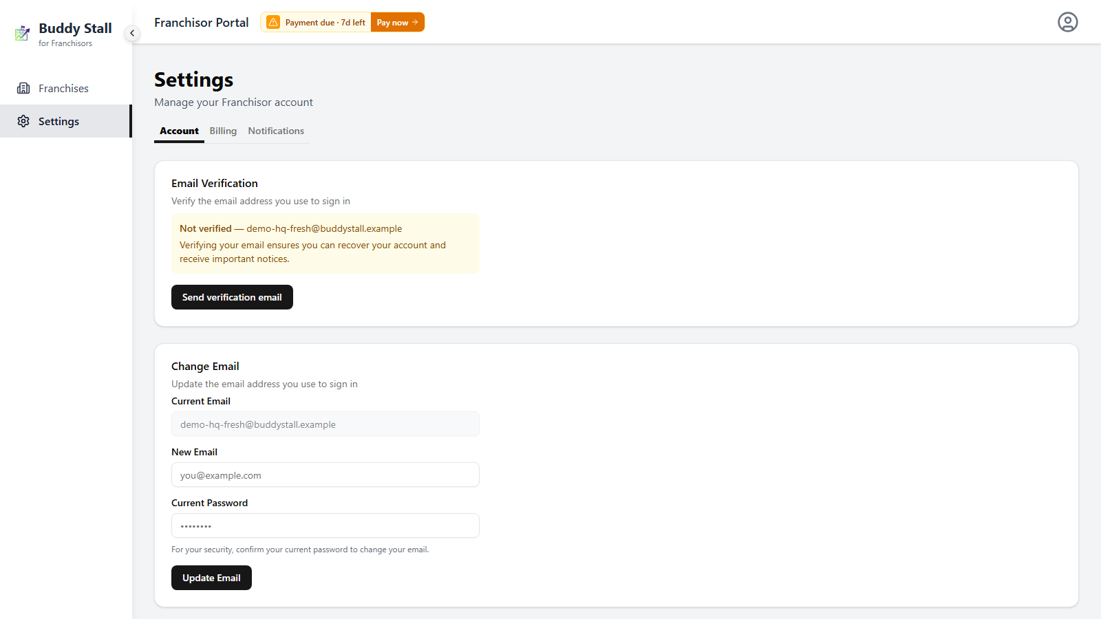 The Franchisor console in the Payment due state — an amber 'Payment due · 7d left' billing tag with a Pay now button sits at the top of the screen, next to the Franchisor Portal title, linking to the Billing tab.