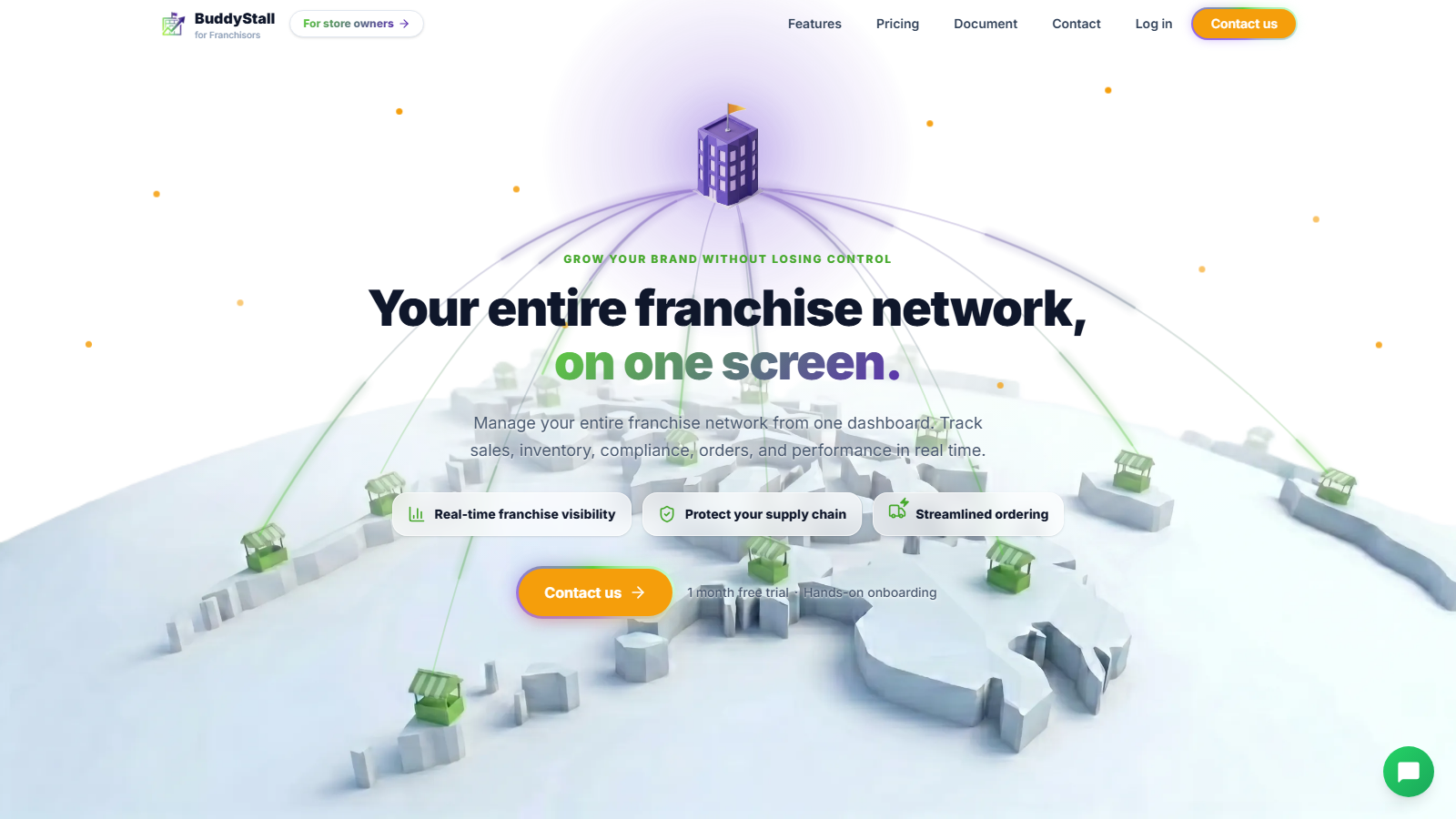 The BuddyStall for Franchisors landing page, with the Log in link in the top-right header highlighted.