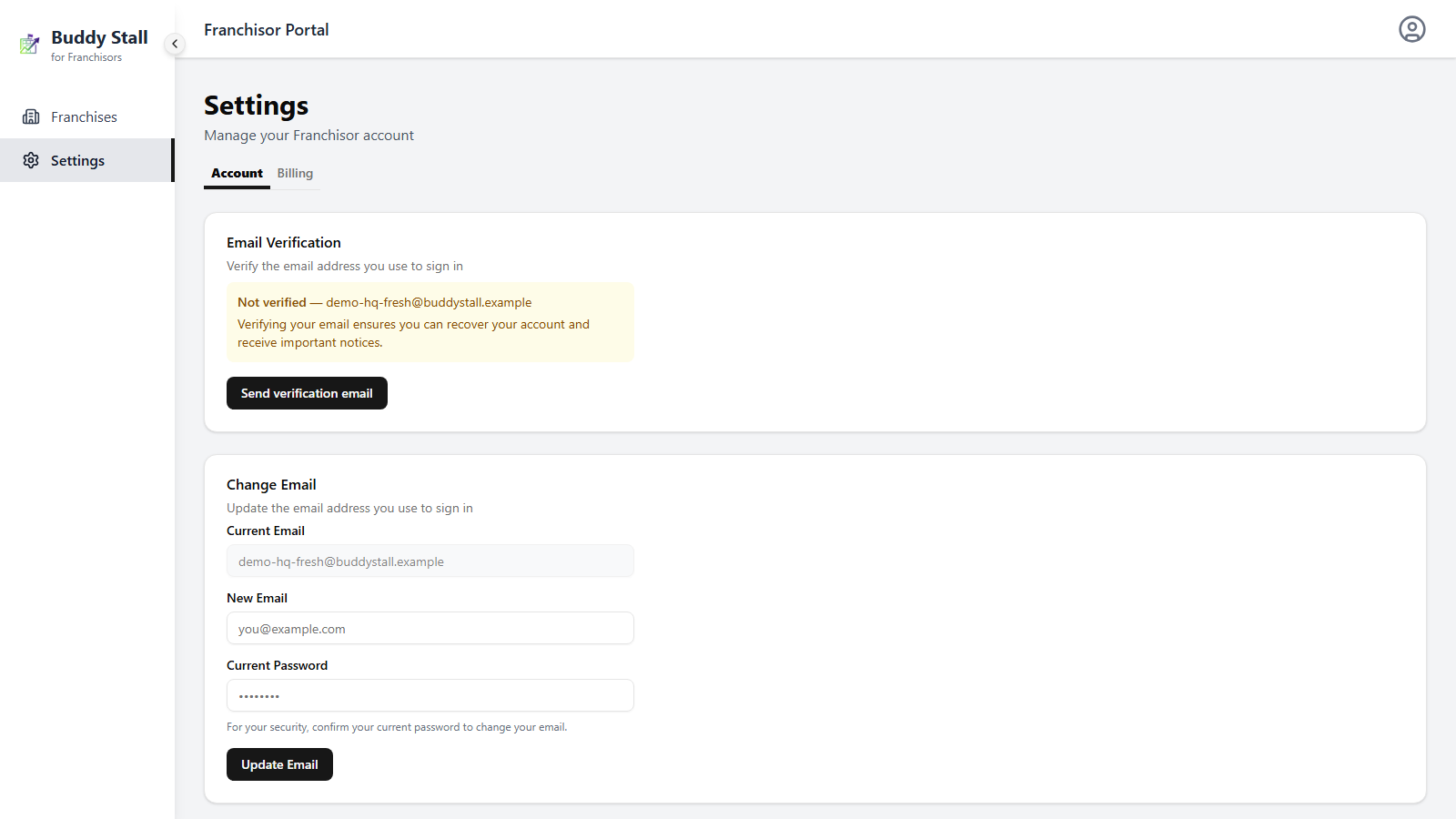 The Settings page in the Franchisor console, showing the tab bar with Account and Billing, the Account tab active with its Email Verification card below.
