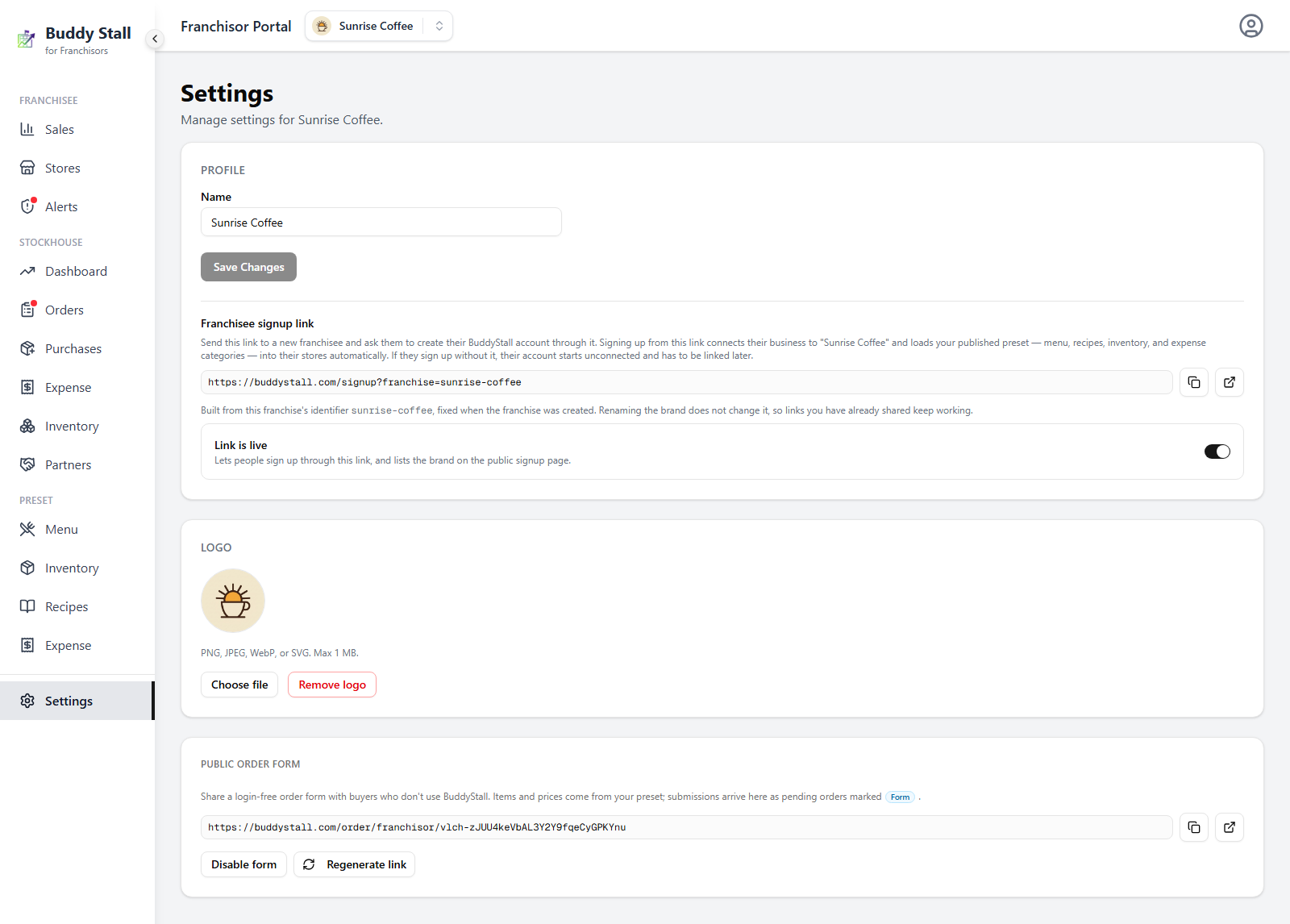 The franchise Settings screen with Settings selected at the bottom of the sidebar, showing three stacked cards: Profile with the brand name and franchisee signup link, Logo, and Public order form.