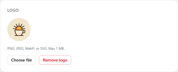 The Logo card showing the current brand logo cropped to a circle, a note reading PNG, JPEG, WebP, or SVG, max 1 MB, and Choose file and Remove logo buttons.