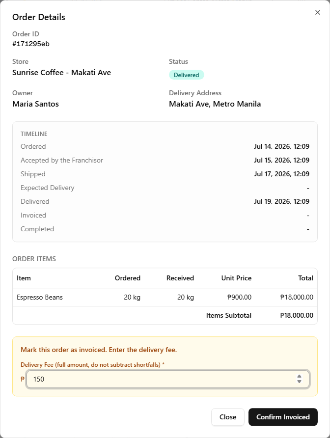 The invoice panel on a Delivered order — a single Delivery Fee field above the Confirm Invoiced button, with no per-line reconciliation