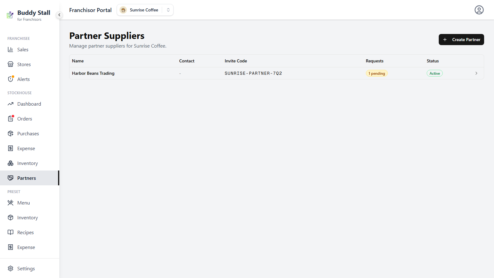 The Partner Suppliers list — each partner with contact, invite code, a pending-requests badge, and an Active status