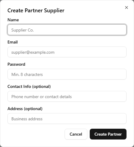 The Create Partner dialog — fields for the partner supplier's name, contact details, and login credentials