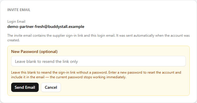 The Invite Email card on a partner's detail page — the login email, and the resend panel with an optional New Password field, Send Email and Cancel