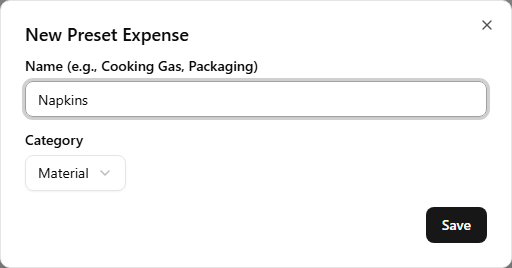 The New Preset Expense dialog open, with 'Napkins' typed in Name and the Category select on its Material default
