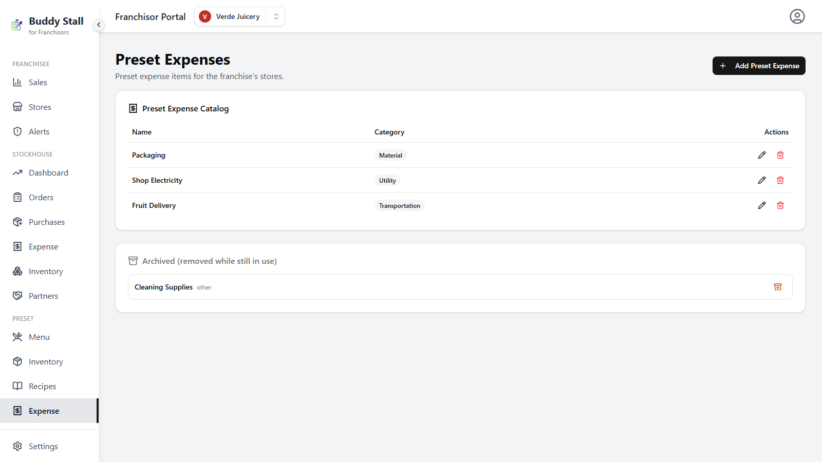 The Preset Expenses page with three active items in the catalog card and, below it, an 'Archived (removed while still in use)' card holding Cleaning Supplies with a restore icon
