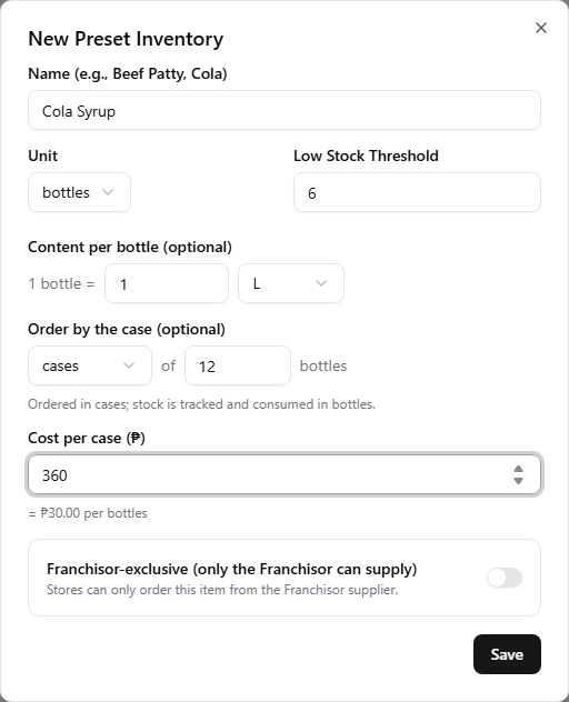 The New Preset Inventory dialog for 'Cola Syrup' — Unit set to bottles, Low Stock Threshold 6, a 'Content per bottle' row reading 1 bottle = 1 L, an 'Order by the case' row reading cases of 12 bottles with the note 'Ordered in cases; stock is tracked and consumed in bottles', and a 'Cost per case' field holding 360 with the derived line '= ₱30.00 per bottles' beneath it