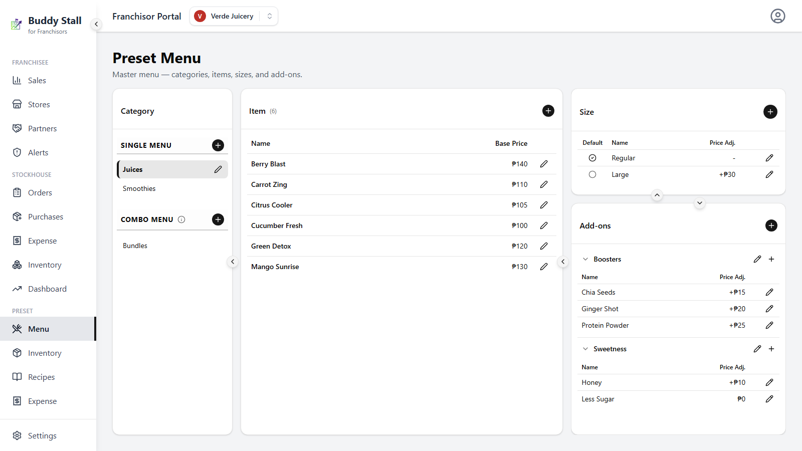 The Preset Menu screen with the Juices category selected — the Category panel on the left, the category's items in the centre, and the Size and Add-ons panels stacked on the right