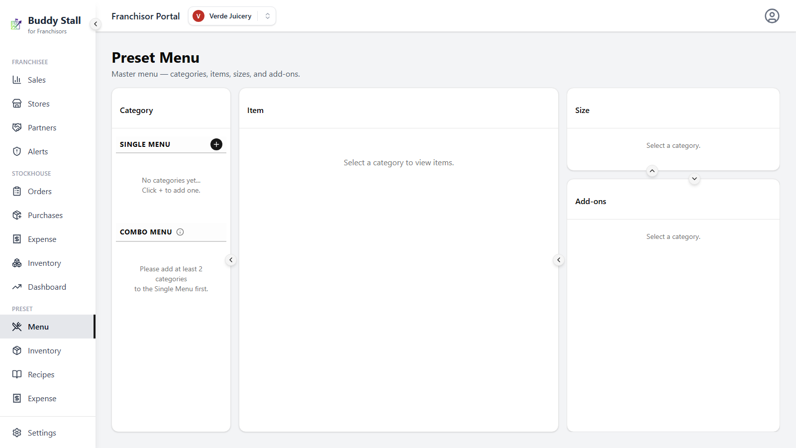 An empty Preset Menu screen — no categories, items, sizes, or add-ons yet, with the + next to Single Menu highlighted in the Category panel
