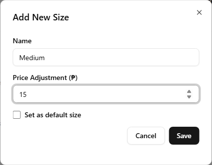 The Add New Size dialog open, with 'Medium' typed in Name, 15 in Price Adjustment, and the Set as default size checkbox below