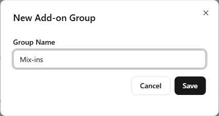 The New Add-on Group dialog open, with 'Mix-ins' typed in Group Name