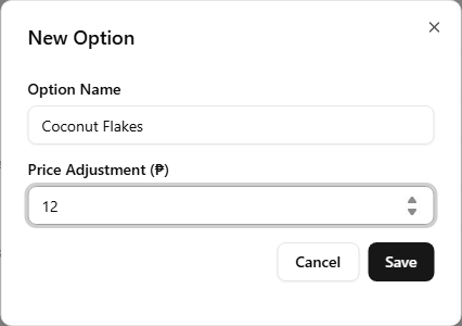 The New Option dialog open, with 'Coconut Flakes' typed in Option Name and 12 in Price Adjustment