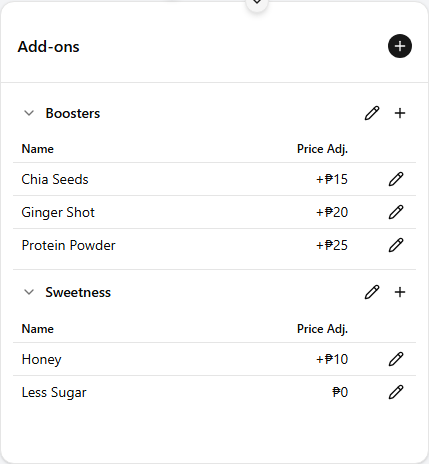 The Add-ons panel with the Boosters and Sweetness groups expanded, showing their options with price adjustments; the Boosters group's own + button is highlighted