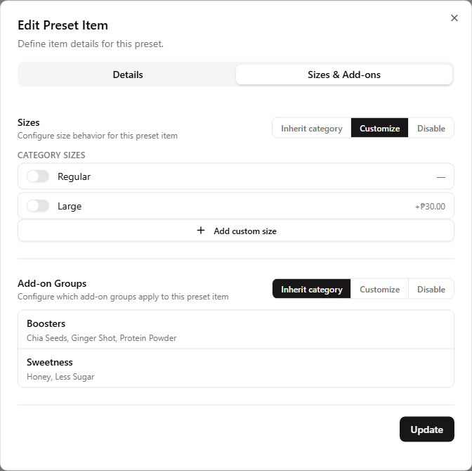The Edit Preset Item dialog's Sizes & Add-ons tab — Sizes in Customize mode with toggles for the category's Regular and Large sizes and an Add custom size button, Add-on Groups set to Inherit category, and the Update button at the bottom
