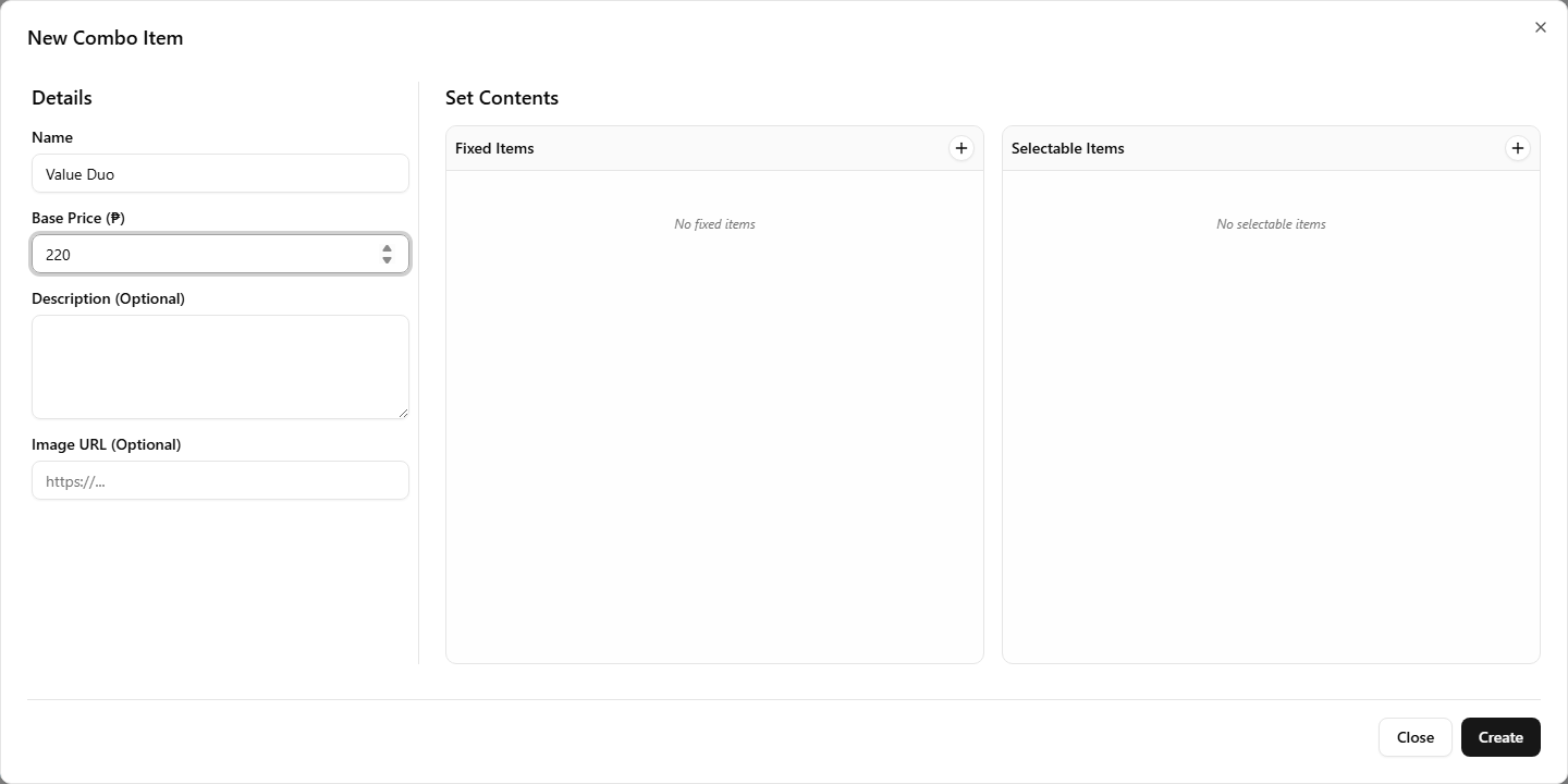 The New Combo Item dialog — Details on the left with 'Value Duo' typed in Name and 220 in Base Price, and the Set Contents panel on the right with empty Fixed Items and Selectable Items columns, each carrying its own + button