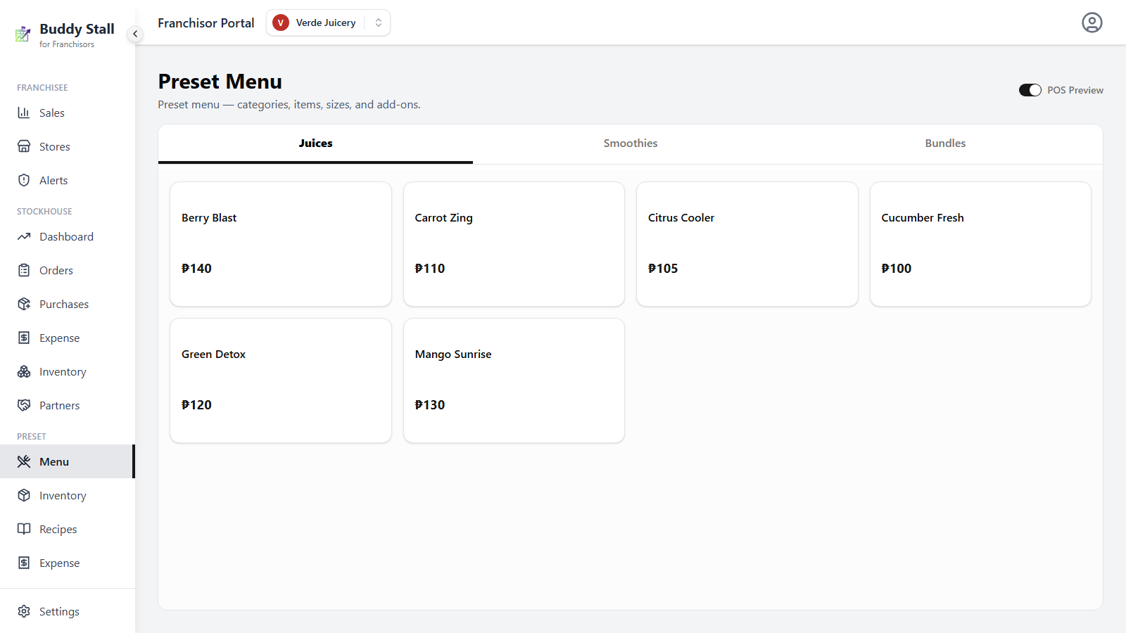 The Preset Menu with POS Preview switched on — the three editing panels replaced by the POS grid, with Juices, Smoothies and Bundles as category tabs and the Juices items as tiles below
